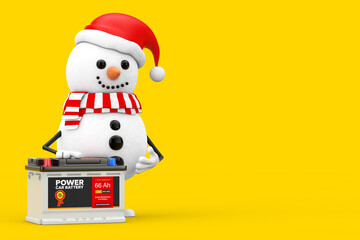 Snowman in Santa Claus Hat Character Mascot and Rechargeable Car Battery 12V Accumulator with Abstract Label. 3d Rendering