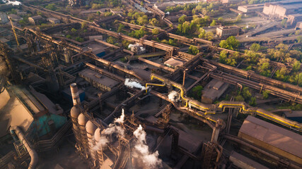 industry metallurgical plant dawn smoke smog emissions bad ecology aerial photography