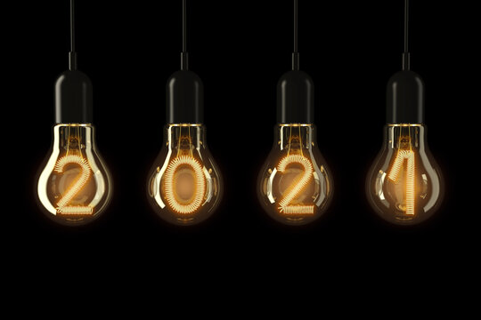 Light Bulbs Illuminated 2021 New Year. 3d Rendering