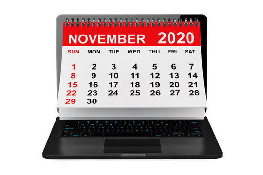 November 2020 calendar over laptop screen. 3d rendering