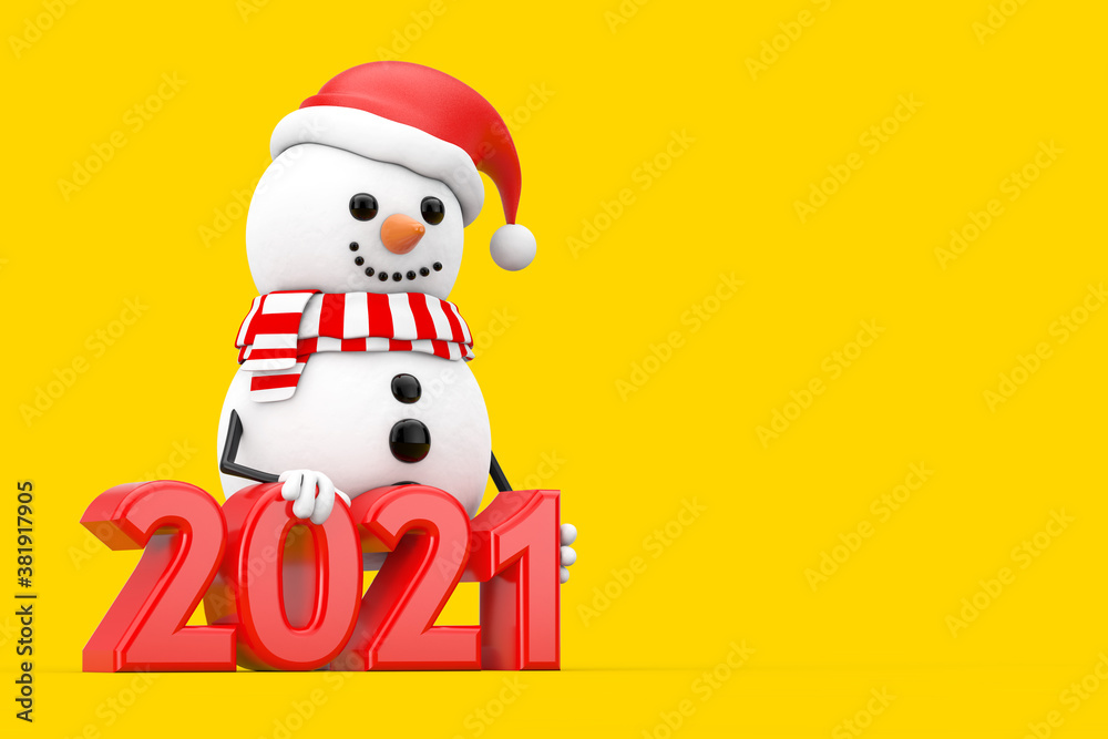 Aufkleber snowman in santa claus hat character mascot with new year 2021 sign. 3d rendering