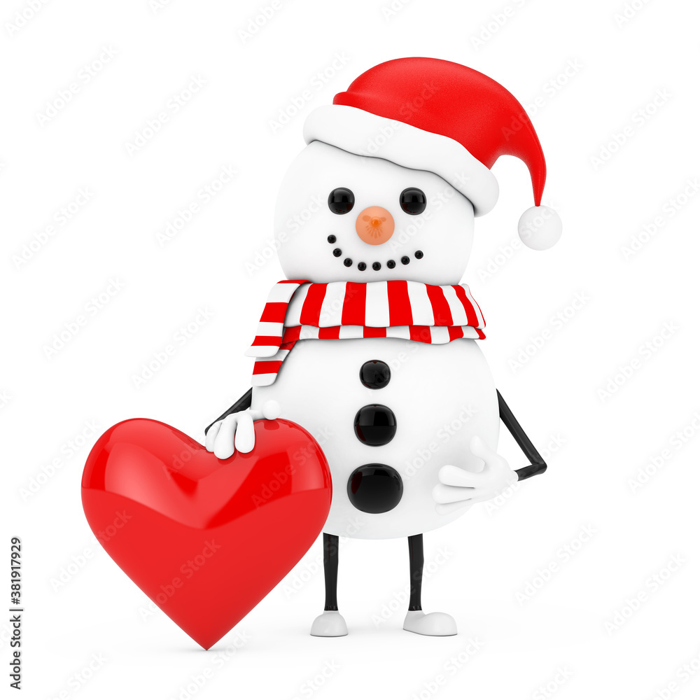 Poster snowman in santa claus hat character mascot with red heart. 3d rendering