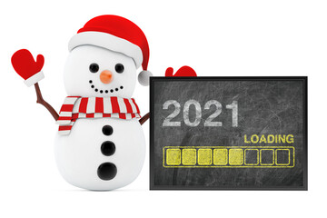 New Year Concept. Snowman near Chalkboard with Progress Bar Showing Loading of 2021 New Year. 3d Rendering
