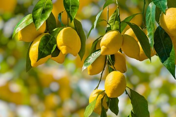 Bunches of fresh yellow ripe lemons with green leaves. - obrazy, fototapety, plakaty