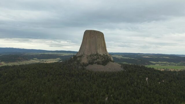 High aerial view of Devils Tower in Wyoming 