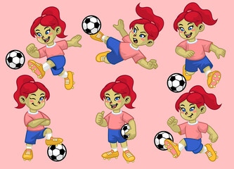 cartoon set of cute girl of soccer player