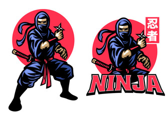 ninja mascot set hold the shuriken star weapon - obrazy, fototapety, plakaty