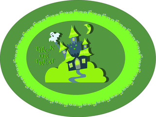 Halloween themed card with the house on the green  background