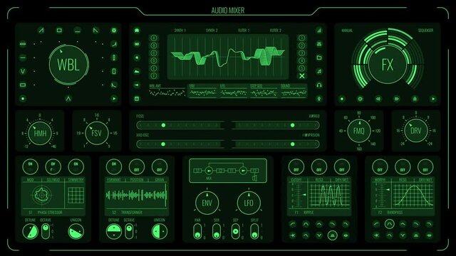 Futuristic green interface. Animation of data processing and business graphs and statistics. Technology Interface. Ultra Detailed Digital Data Screen.