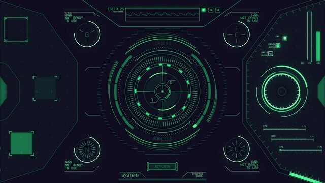 HUD circle interfaces. Green Hi-tech futuristic display. Hologram button. Head-up Display Computer Data. Futuristic intro.