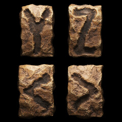 Set of rocky letters Y, Z. and symbol left, right angle bracket. Font of stone on black background. 3d