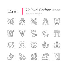 Pride parade linear icons set. LGBTQ community symbols. Love and freedom signs. Rainbow flag. Customizable thin line contour symbols. Isolated vector outline illustrations. Editable stroke