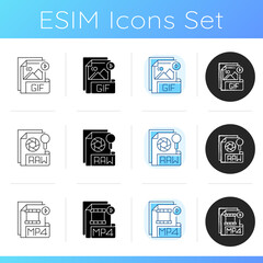 File types icons set. GIF. RAW. MP4. Filename extension. Animated raster graphics file. Camera raw image. Digital multimedia. Linear, black and RGB color styles. Isolated vector illustrations