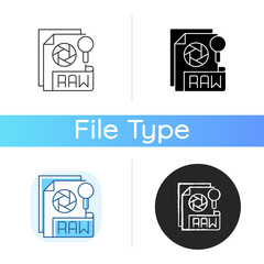RAW file icon. Camera raw image file. File extension. Uncompressed images. Digital cameras and scanners. Unedited state. Linear black and RGB color styles. Isolated vector illustrations