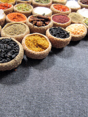     spices background, top view. glasses of spices. 