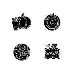 Gourd recipes black glyph icons set on white space. Delicious pumpkin fries, vegetarian salad, lasagna and hummus silhouette symbols. Rustic cuisine, homemade dishes. Vector isolated illustrations