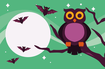 happy halloween celebration card with owl and bats scene