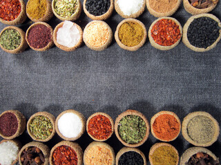 spices background, top view. glasses of spices. 