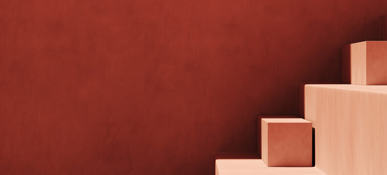 Minimal cosmetic background for product presentation. Sunshade shadow on red step plaster wall. 3d render illustration. 
