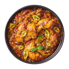 A Chicken Patiala in black bowl isolated on white. Murg Patiala is indian cuisine curry dish with chicken meat, spices, curd and cashew nut paste. Asian food and meal. Top view