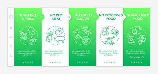 Sustainable diet onboarding vector template. Healthy eating variety ideas. Natural cooking. Responsive mobile website with icons. Webpage walkthrough step screens. RGB color concept