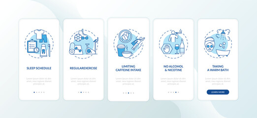 Healthy sleep hygiene blue onboarding mobile app page screen with concepts. Healthcare recommendation walkthrough 5 steps graphic instructions. UI vector template with RGB color illustrations