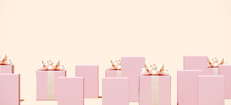 Minimal product background for Christmas, New year and sale event concept. Pink gift box with beige ribbon bow on beige background. 3d render illustration. Clipping path of each element included.