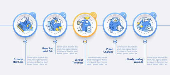 Vitamins loss vector infographic template. Extreme hair loss, tiredness presentation design elements. Data visualization with 5 steps. Process timeline chart. Workflow layout with linear icons
