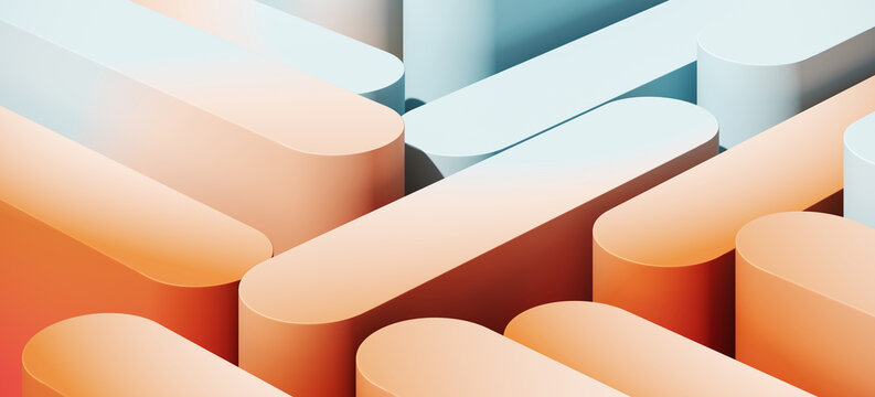 Minimal abstract mockup background for product presentation. Blue and orange blending gradient podium. 3d render illustration. 