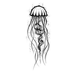 Jellyfish tattoo hand draw style. Mystical symbol of adventure, dreams, deep sea. Creative geometric jellyfish tattoo art t-shirt print design poster textile. tattoo design illustration. © SeemaLotion