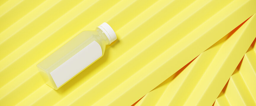 Minimal mockup background for product presentation. Lemonade juice bottle on yellow corrugated panel background. 3d render illustration. Clipping path of each element included.