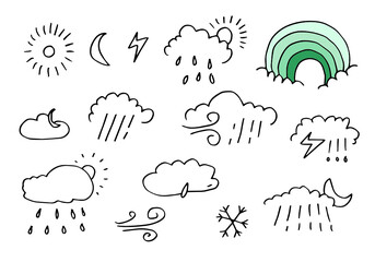 Obraz premium Weather Doodle Vector Set isolated on white background.