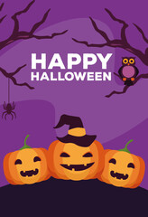 happy halloween celebration card with pumpkins and owl night scene