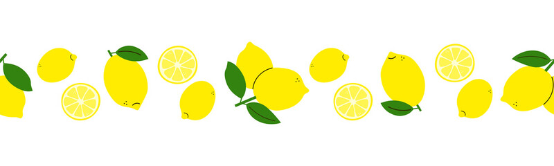 Lemon. Modern seamless border with positive lemons isolated on white background. Set of vector elements. Line pattern. Endless ornament. Design template. Edge decor in flat cartoon style. Citrus fruit