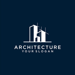 Fototapeta premium Building inspirational with line art style and gold color Vector logo