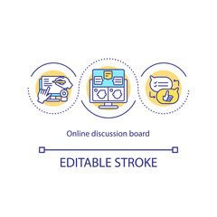 Online discussion board concept icon. Video conference idea thin line illustration. Virtual connection and communication. Vector isolated outline RGB color drawing. Editable stroke