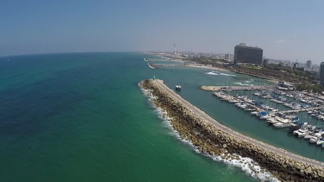 Aerial view of Tel Aviv beach and marina, Israel beautiful coastline on the  Mediterranean sea, TLV