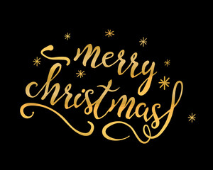 Gold lettering merry christmas isolated on the black background. Vector illustration