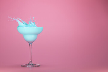 splashing blue cocktail isolated on a pink background with space for text