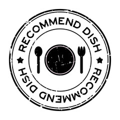 Grunge black recommended dish word with dish, spoon and fork icon rubber seal stamp on white background