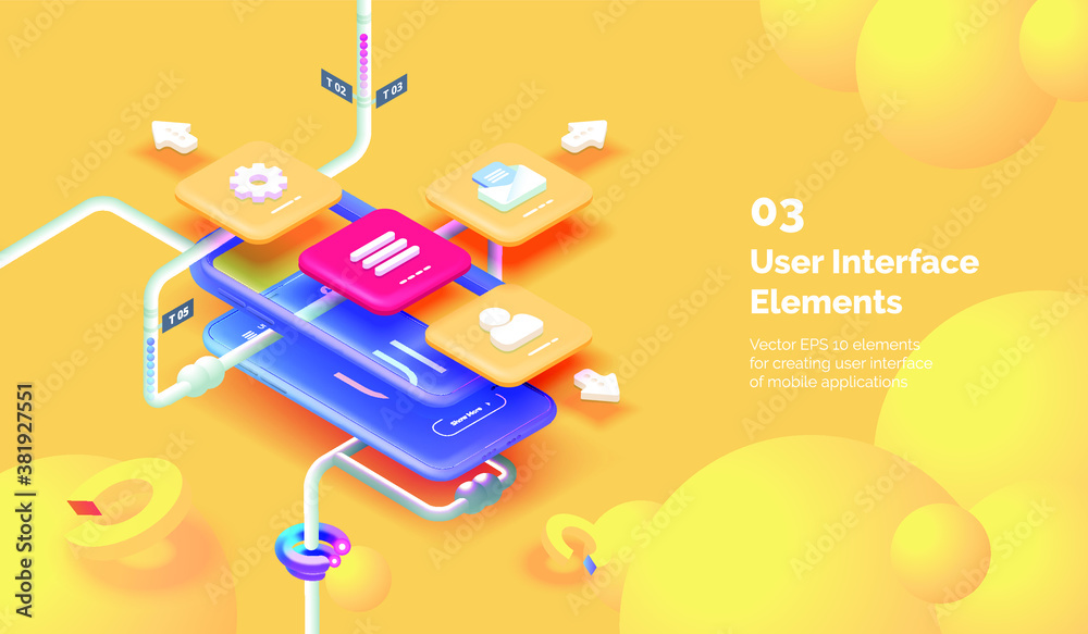 Aufkleber modern mobile app user interface concept. 3d smartphone on a yellow background with tools for creati
