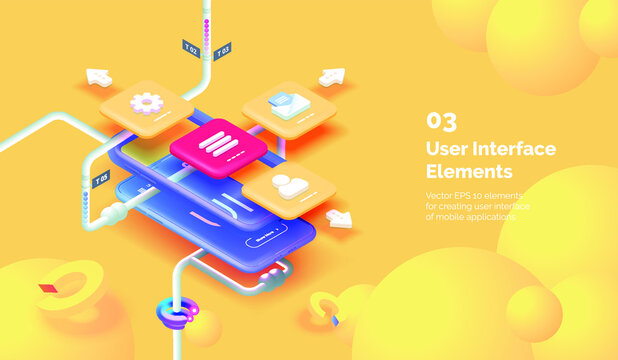 Modern mobile app user interface concept. 3D Smartphone on a yellow background with tools for creating a mobile interface. Mobile interface design. Modern vector illustration isometric style.