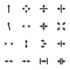 Basic arrows vector icons set, modern solid symbol collection, filled style pictogram pack. Signs, logo illustration. Set includes icons as move button, directional arrow, expand, minimize, up down