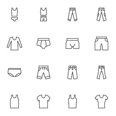 Underwear clothes line icons set, outline vector symbol collection, linear style pictogram pack. Signs, logo illustration. Set includes icons as underclothes pants, underpants, singlet, t-shirt, short