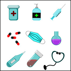 Some medical items used during pandemic. A set of pharmaceutical equipments used during Covid-19 pandemic.