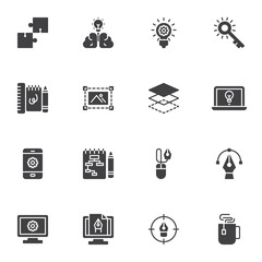 Graphic design creative process vector icons set, modern solid symbol collection, filled style pictogram pack. Signs, logo illustration. Set includes icons as brainstorming idea, workflow, editing