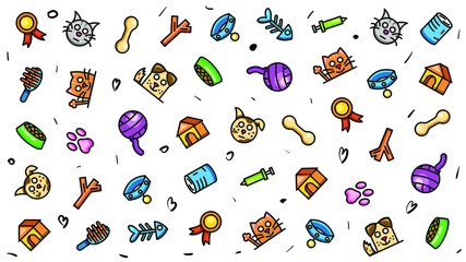 Abstract Doodle Elements Hand Drawn Collection Pets Animal Sketch Vector Design Style Background Dog Cat Bone Food Training Caring Grooming  Illustration Icons