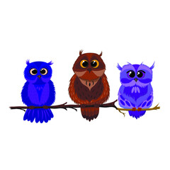 Vector drawing, three owls are sitting on a branch, vector illustration