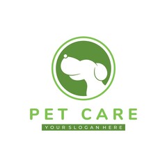 Pet care logo with circle and negative space of dog. Flat vector design logo isolated on background. Usable for veterinary and pet shop logo.