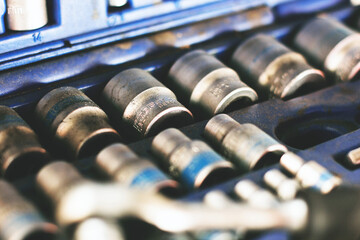 A set of automotive tools. Socket heads. Socket wrench. Repairs